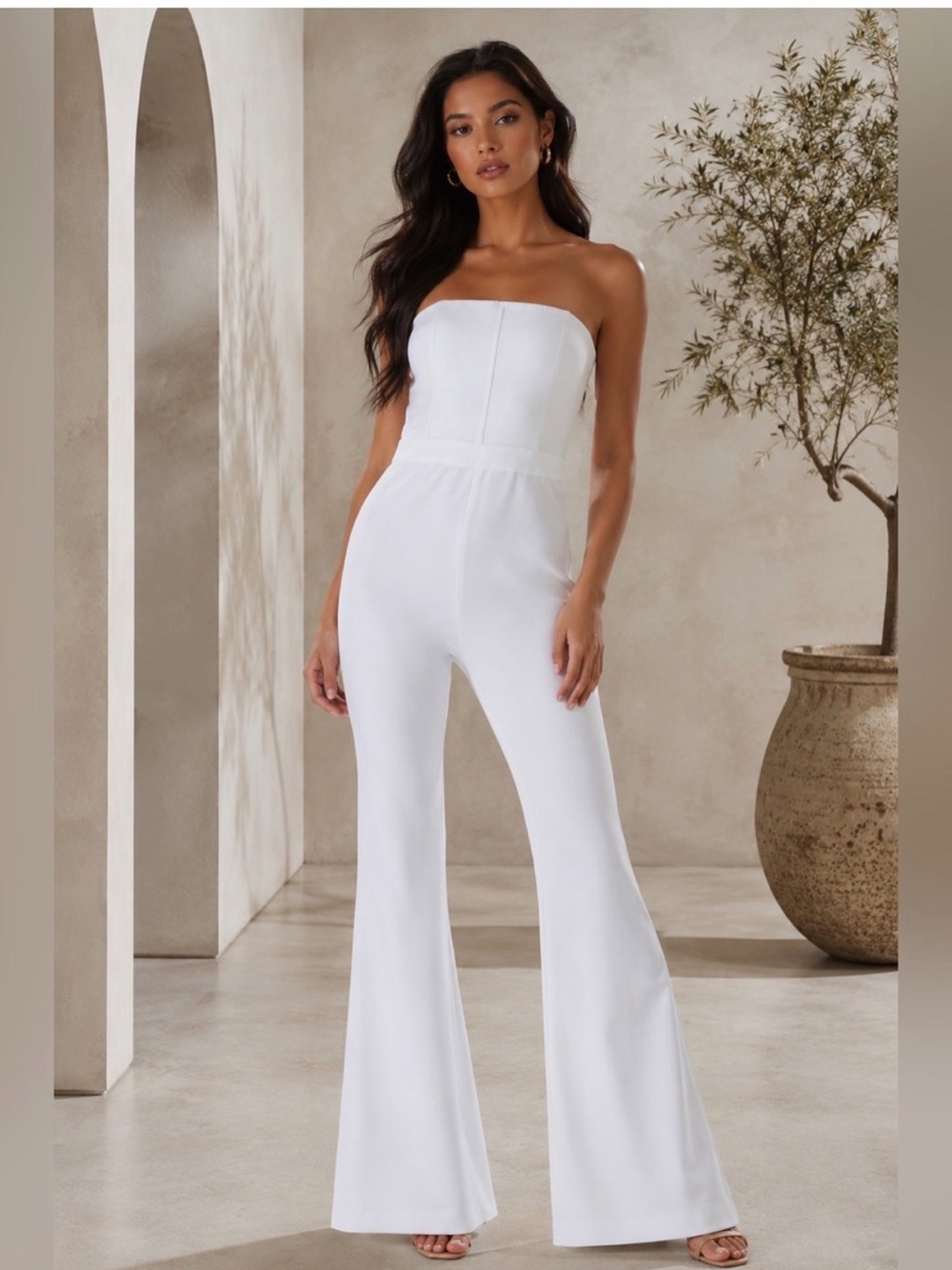 Alice + Olivia Strapless Off - White Flared Jumpsuit
